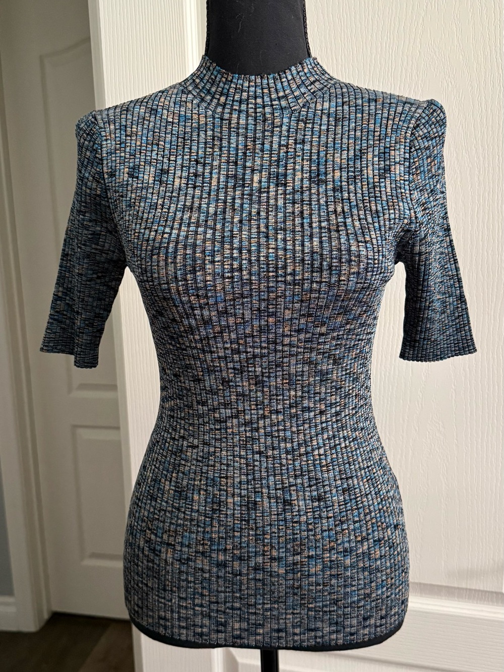 Elie Tahari Blue Multi Ribbed Mock Neck Long Sleeve Dress